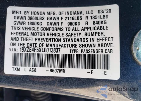 2020 Honda Insight Ex from USA, damaged, VIN 19XZE4F5XLE013837